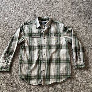 Carhartt Loose Fit Heavyweight Flannel Shirt Men’s L Plaid Khaki Green Workwear